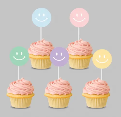 10 Toppers Smile para Cupcakes em Tons Pastel