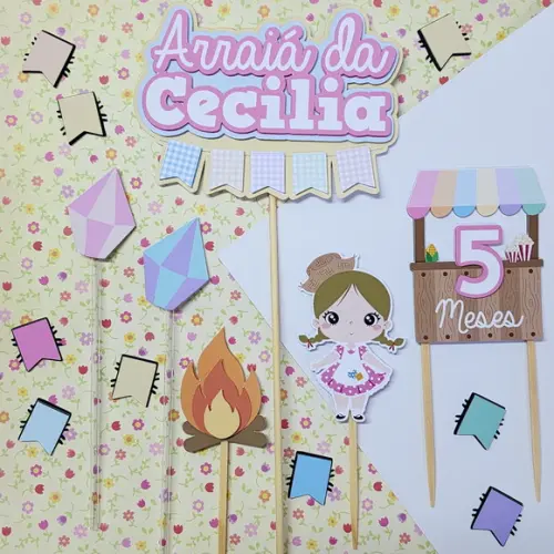 Topo de Bolo Mesversário Festa Junina Menina