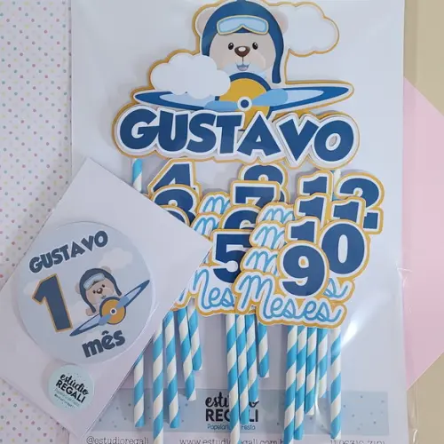 Kit Completo Mesversário Bebê Topos de Bolo e Adesivos Urso