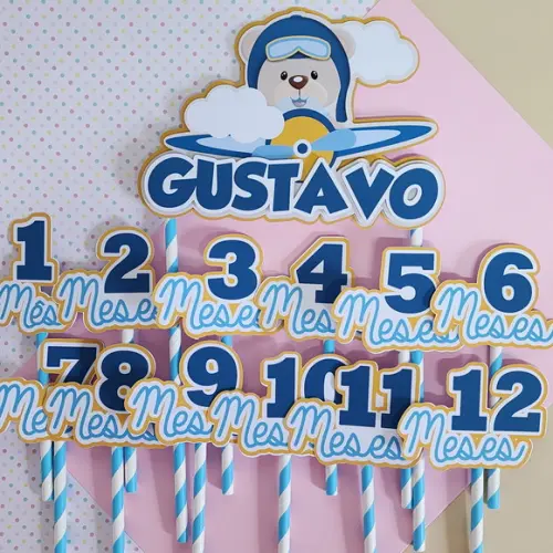 Kit Topos de Bolo Mesversário Bebê Ursinho Aviador