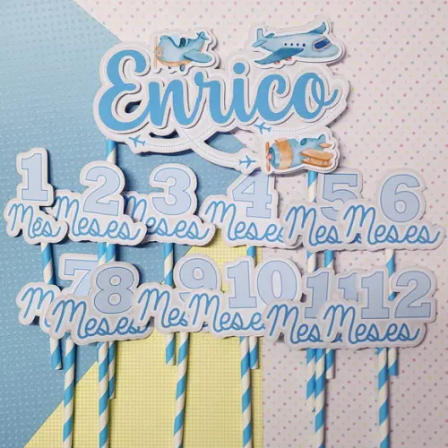 Kit Topos de Bolo Mesversário Bebê Personalizado Avião