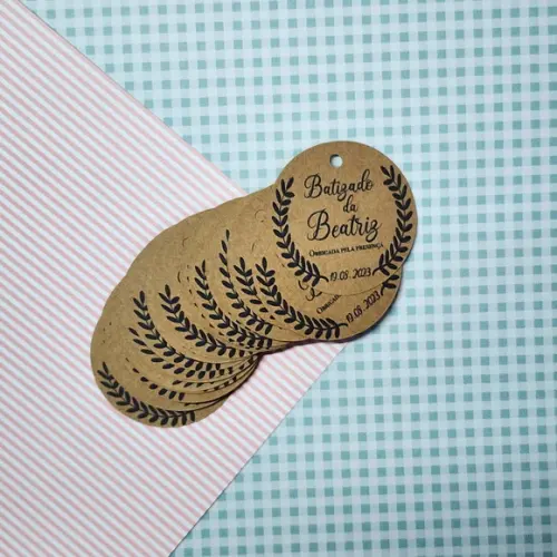 15 Tags Redondas 5cm sem Fita em Kraft para Batizado