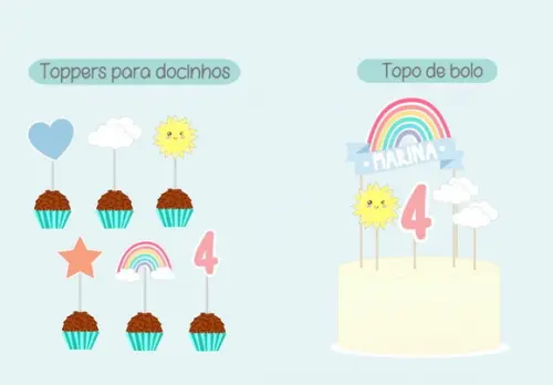 Papelaria Mesversário Topo do Bolo e Toppers Arco-íris