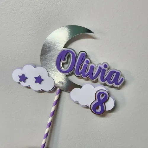 Topo de Bolo Personalizado Lua Prateada e Estrelas