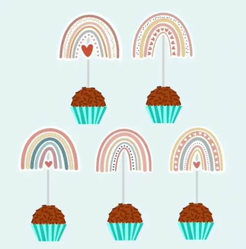10 Toppers para Docinhos e Cupcakes Festa Arco-íris Boho