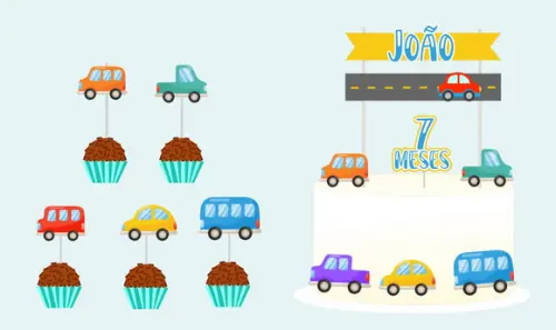 Papelaria Mesversário Topo do Bolo e Toppers Carros