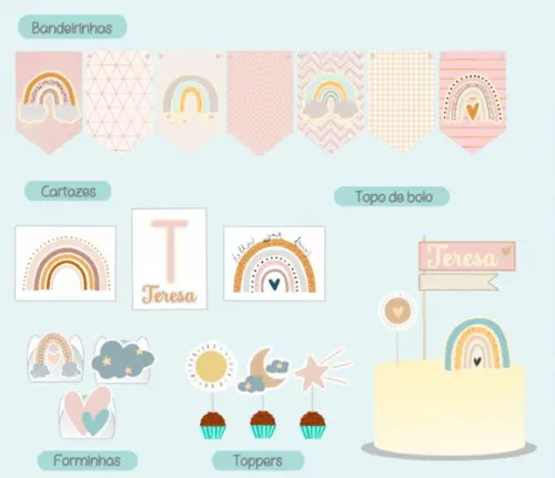 Festa Básica Kit Papelaria para Chá de Bebê Arco Íris Boho