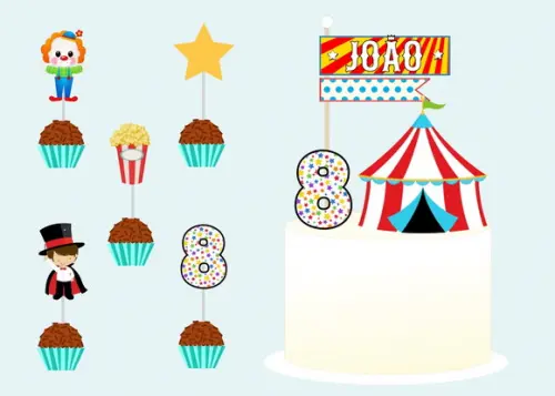Papelaria Mesversário Topo do Bolo e Toppers Circo