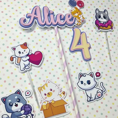 Topo de Bolo com Nome e Idade para Mesversário Gatinhos