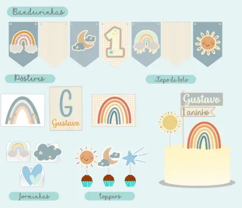 Festa Básica Kit Papelaria Primeiro Ano Menino Arcoíris Boho