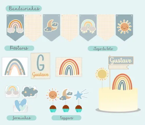 Festa Básica Kit Papelaria Para Chá De Bebê Arco Íris Boho
