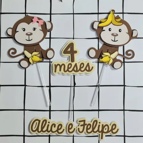 Topo De Bolo Personalizado Macaquinhos Gêmeos
