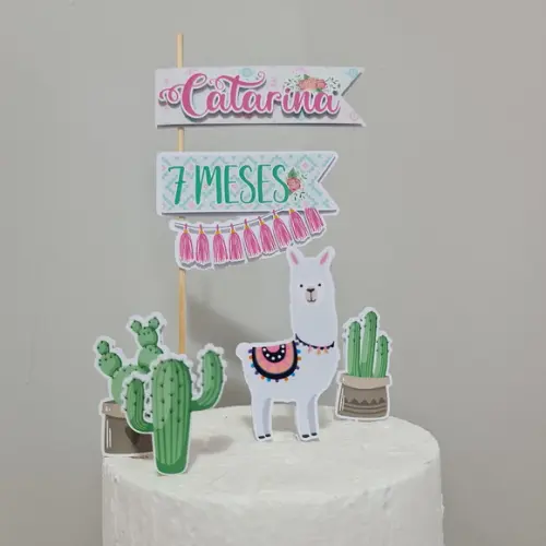 Topo de Bolo para Mesversário do bebê Lhama e Cactos