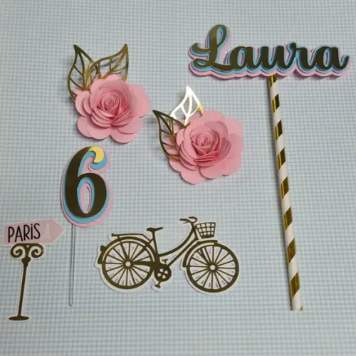 Topo de Bolo Personalizado com Flores Tema Paris