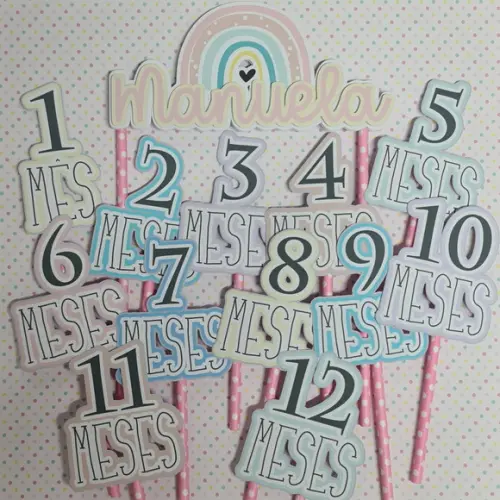 Kit Topos de Bolo Mesversário Bebê Personalizado Arco-íris
