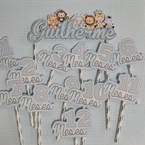 Kit Topos de Bolo Mesversário Bebê Personalizado Safari