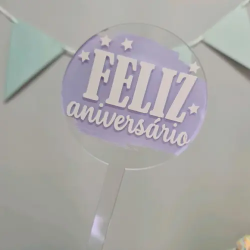 Topo de Bolo em Acrílico Transparente Feliz Aniversário