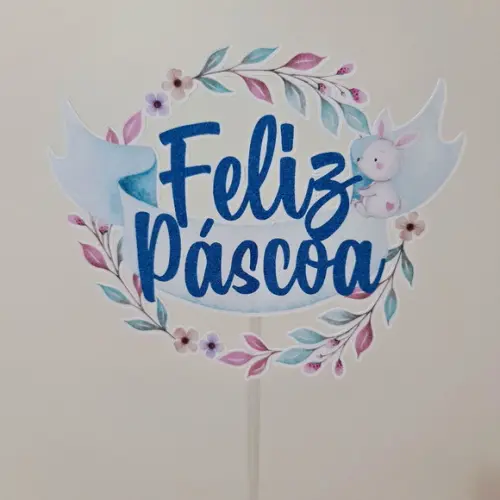 Topo de Bolo Feliz Páscoa com Coelhinho Aquarelado