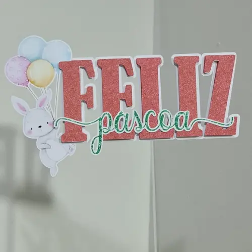 Topo de Bolo Feliz Páscoa com Coelhinho Aquarelado e Balões
