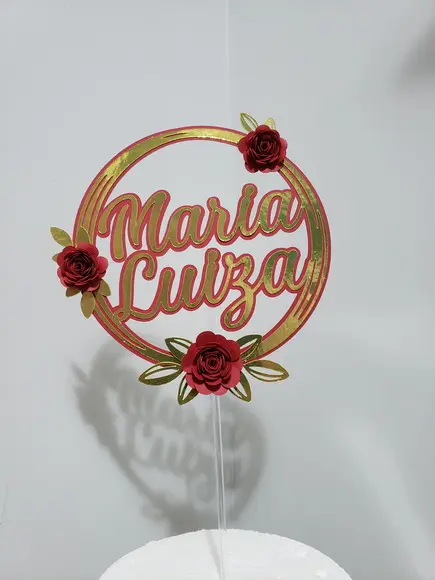 Topo de Bolo em Papel Metálico com nome e com Flores scrap
