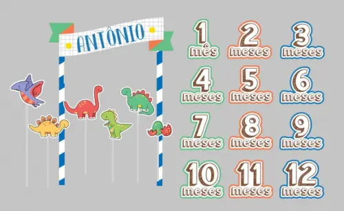 Kit Topos de Bolo Mesversário Bebê Personalizado Dinossauro