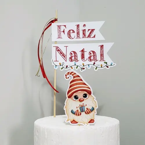 Topo de Bolo ou Panetone com Gnomo e Feliz Natal