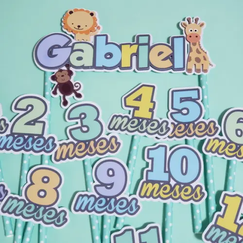 Kit Topos de Bolo Mesversário Bebê Personalizado Safari