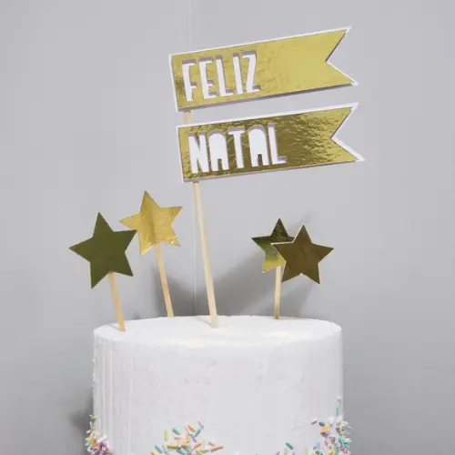 Topo de Bolo em Scrap com Estrelas Douradas Feliz Natal