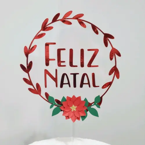 Topo de Bolo Flutuante Circular Metálico Feliz Natal