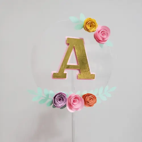 Topo de Bolo Flutuante Circular Metálico com Flores em Papel