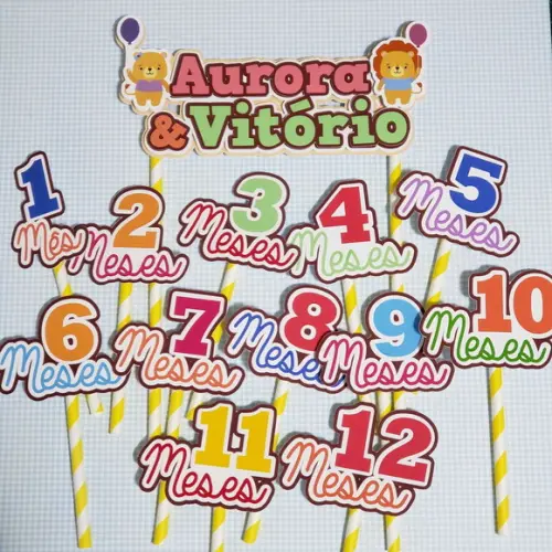 Kit Topos de Bolo Mesversário Gêmeos Personalizado Leãozinho