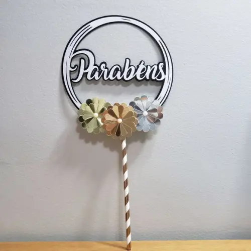 Topo de Bolo em Papel Metálico Parabéns com Flores Scrap