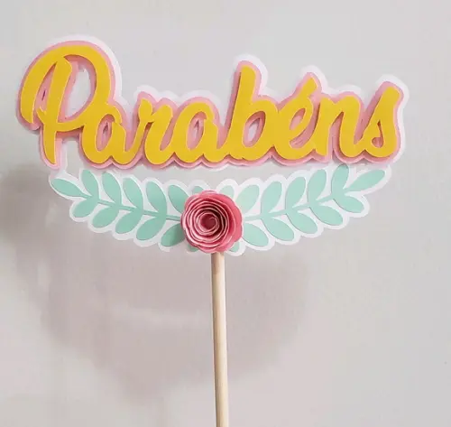 Topo de Bolo em Camadas de Papel Parabéns com Flor 3d