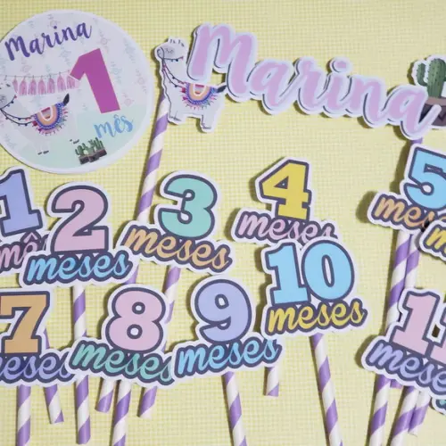 Kit Completo Mesversário Bebê com Topos de Bolo e Adesivos