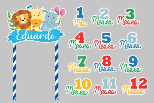 Kit Topos de Bolo Mesversário Bebê Personalizado Safari