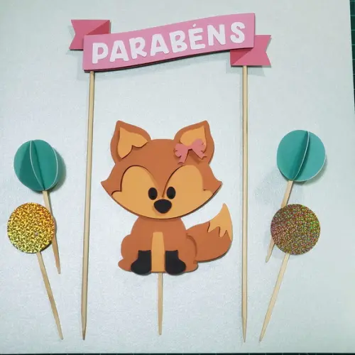Topo de Bolo Camadas de Papel Parabéns Temático Raposinha