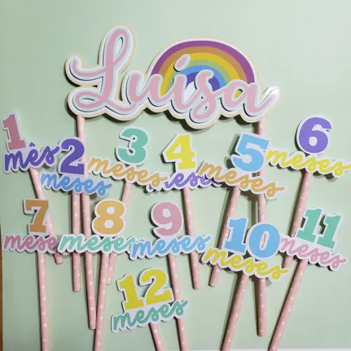 Kit Topos de Bolo Mesversário Bebê Personalizado Arco-íris