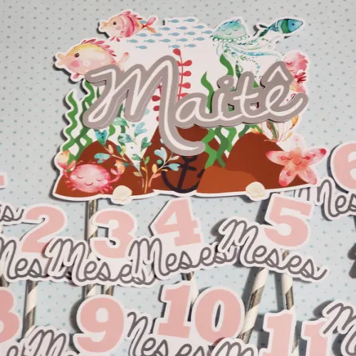Kit Topos de Bolo Mesversário Bebê Personalizado Fundo Mar