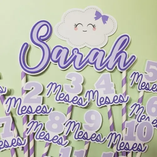 Kit Topos de Bolo Mesversário Bebê Personalizado Nuvem Lilás