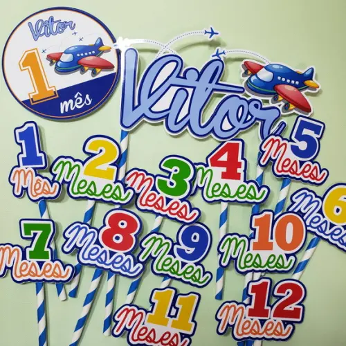 Kit Completo Mesversário Bebê com Topos de Bolo e Adesivos