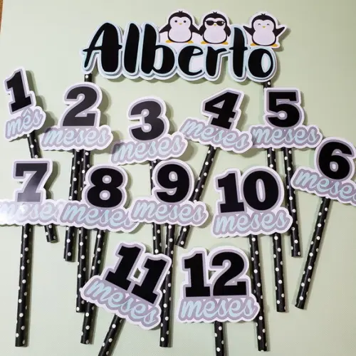 Kit Topos de Bolo Mesversário Bebê Personalizado Pinguins