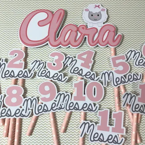 Kit Topos de Bolo Mesversário Bebê Personalizado Ovelhinha