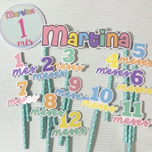 Kit Completo Mesversário Bebê com Topos de Bolo e Adesivos