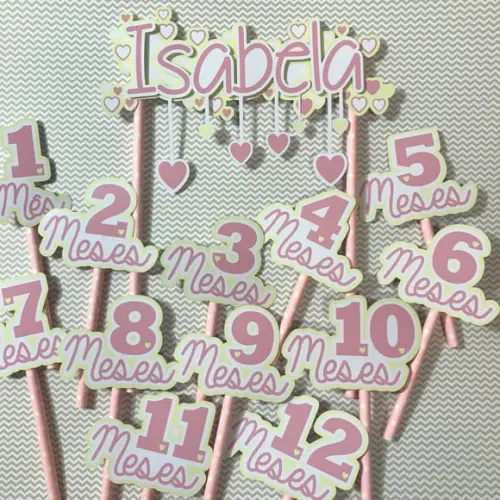 Kit Topos de Bolo Mesversário Bebê Personalizado Corações