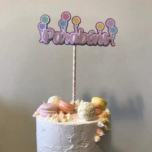 Topo de Bolo em Papel para Aniversário Parabéns com Bexigas