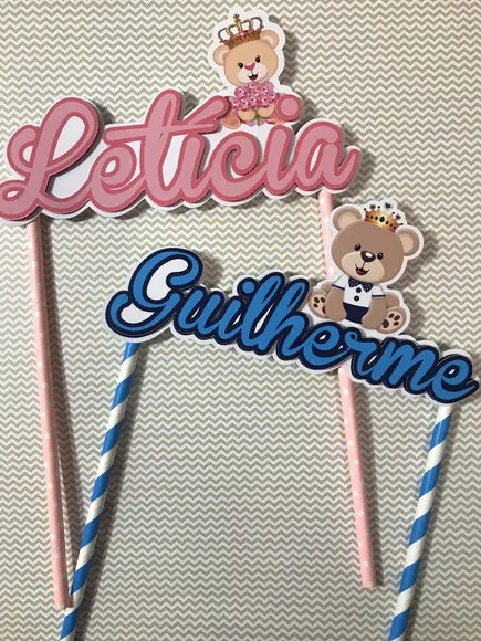 Topo de Bolo com nome Ursinho Príncipe Ursinha Princesa