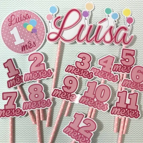 Kit Completo Mesversário Bebê com Topos de Bolo e Adesivos