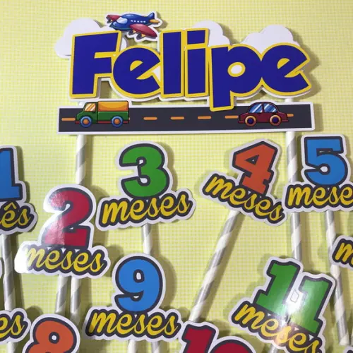 Kit Topos de Bolo Mesversário Bebê Personalizado Transportes