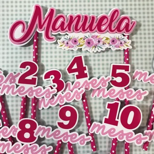 Kit Topos de Bolo Mesversário Bebê Personalizado Flores