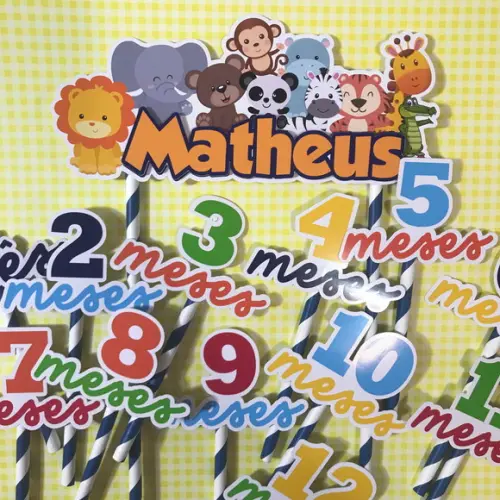 Kit Topos de Bolo Mesversário Bebê Personalizado Safari
